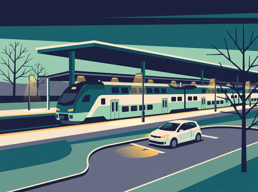 Generated flat illustration: a commuter train stopped at a covered platform at dusk while a small white car waits in the drop-off loop.